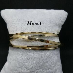 Monet Modern Open Cuff Bracelet, Layered Signed 5 3/4” Gold Tone